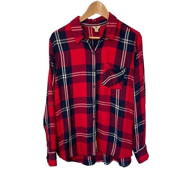 Woolrich Tops - Woolrich Rayon Red Festive Plaid‎ Print Button Down Blouse, XL